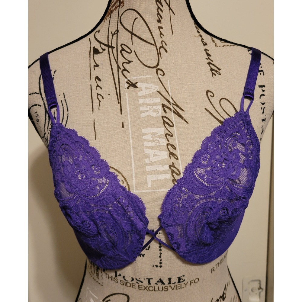 Vtg Victorias Secret Gold Label Purple Lace Mesh‎ Bra 32D Made in USA Underwire